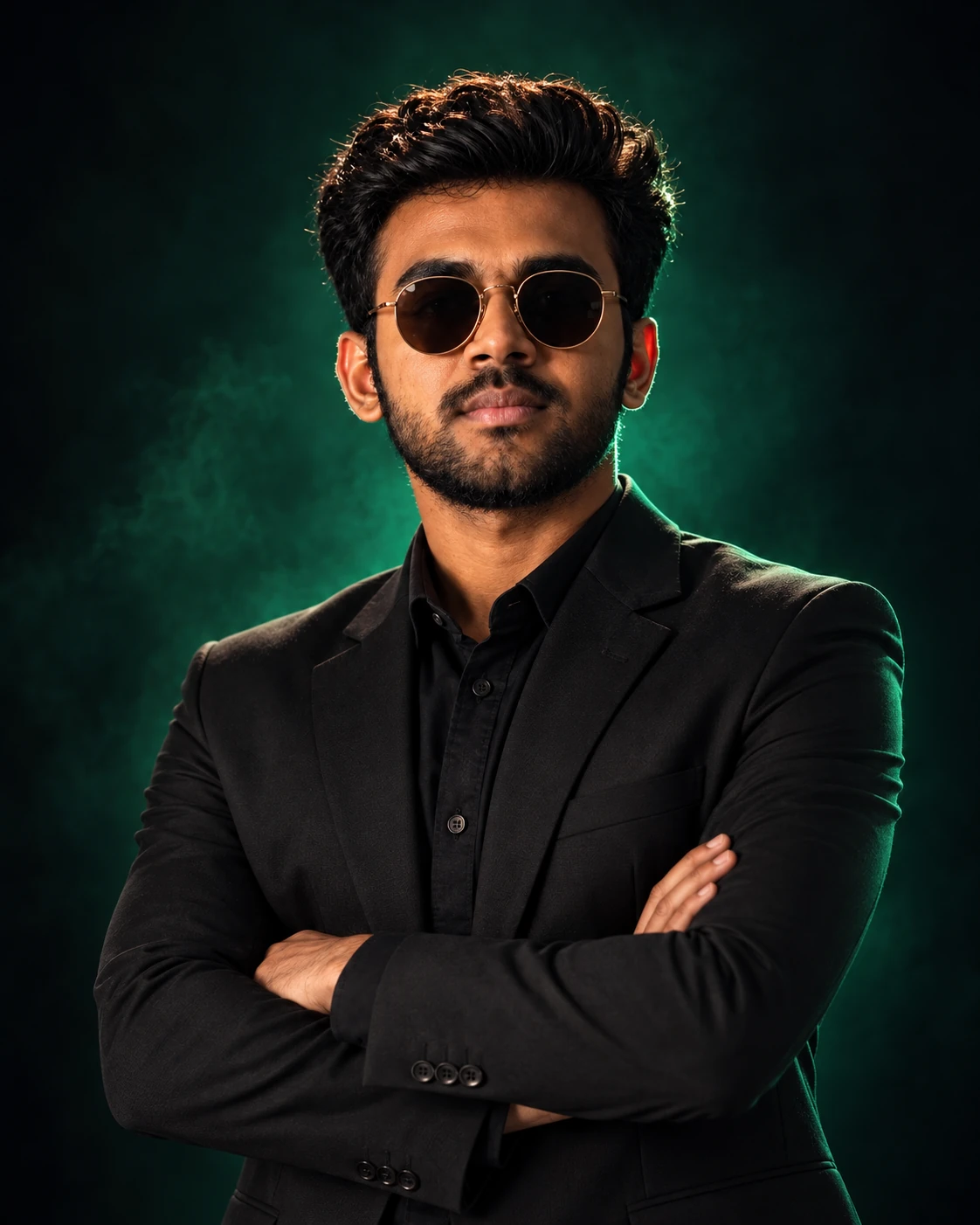 Anik, founder of Anik AI Studio, in a black blazer and sunglasses with his arms crossed