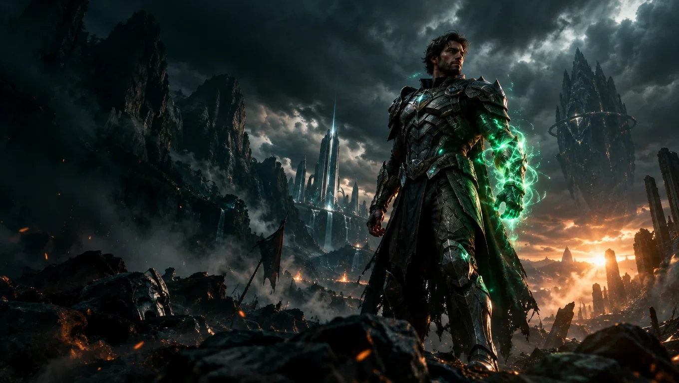 Armored sci-fi warrior on a dramatic battlefield with green visual effects