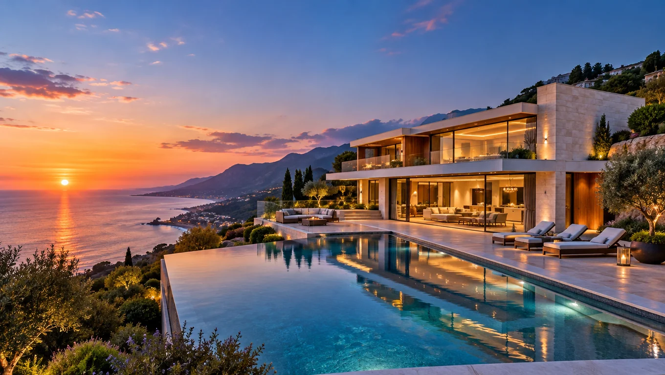 Luxury modern coastal villa with an infinity pool at sunset