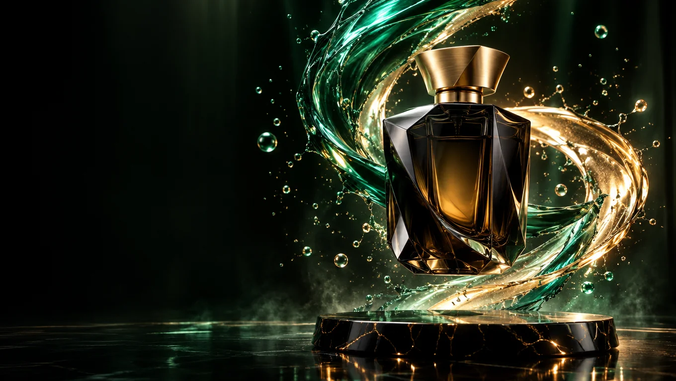 Unbranded luxury black fragrance bottle surrounded by green and golden CGI liquid