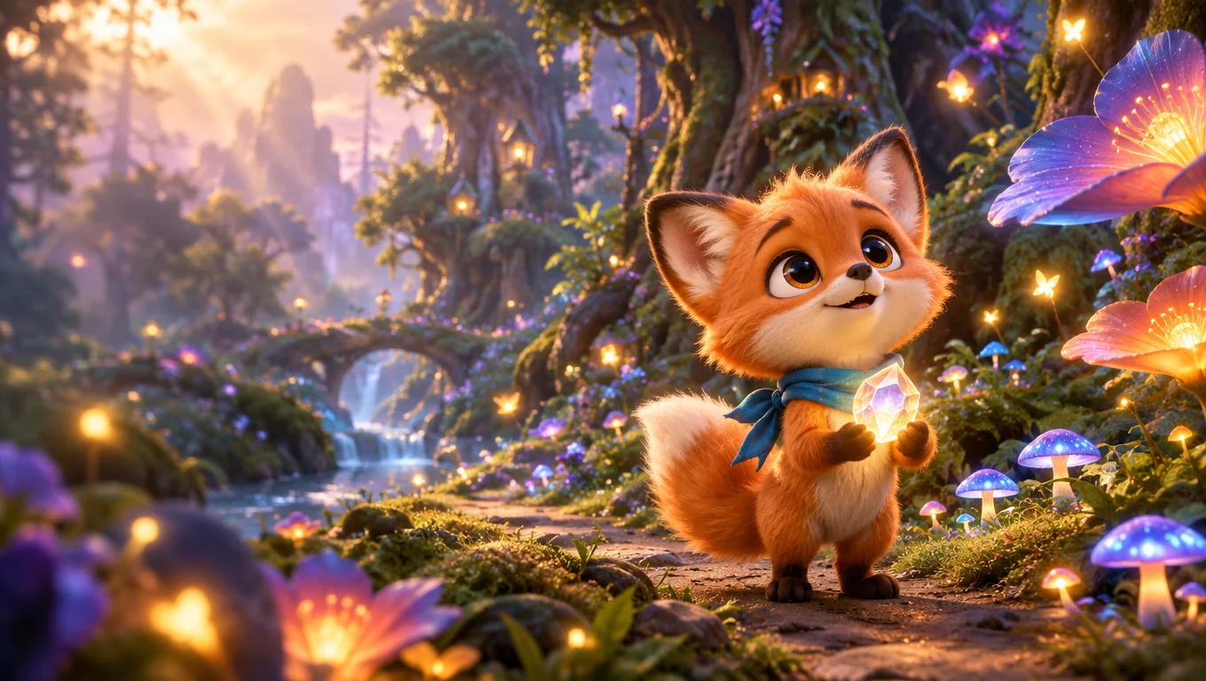 Cute orange animated fox holding a magic crystal in a glowing fantasy forest