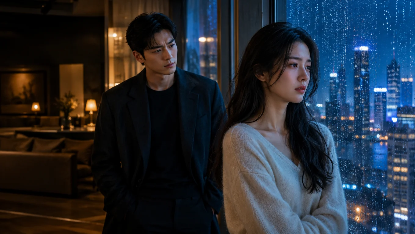 Dramatic scene of a man and woman near a rain-covered city window at night